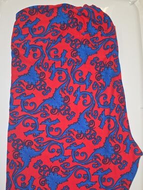 LuLaRoe Red Leggings with Blue Scroll Print